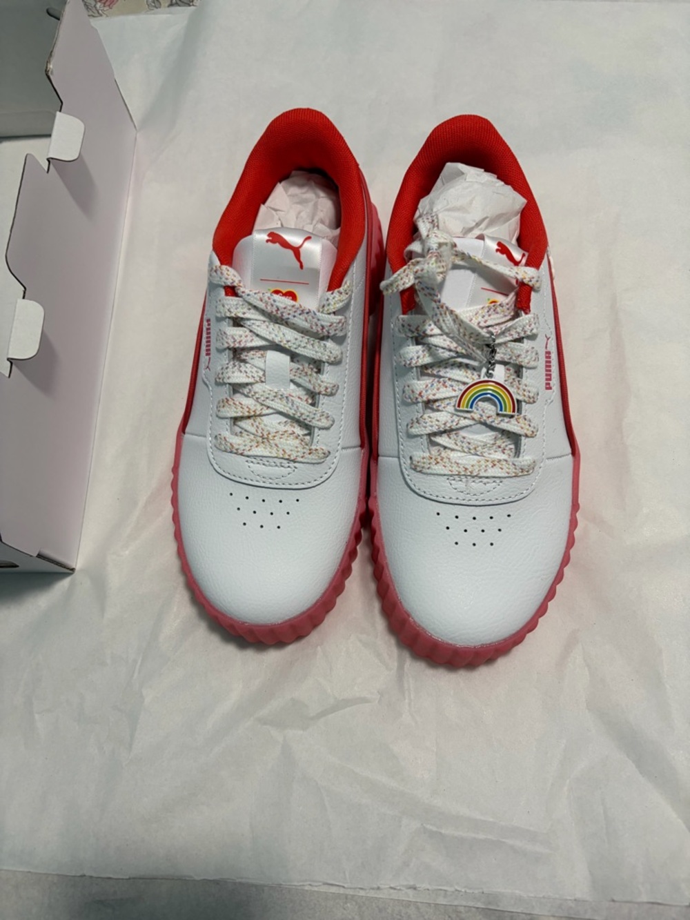 Puma Kids White and Red Low-Top Sneakers with Rainbow Charm